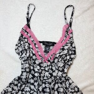 Vintage Rene Rofe Sleepwear Womens M Black White Floral Pink Lace Babydoll